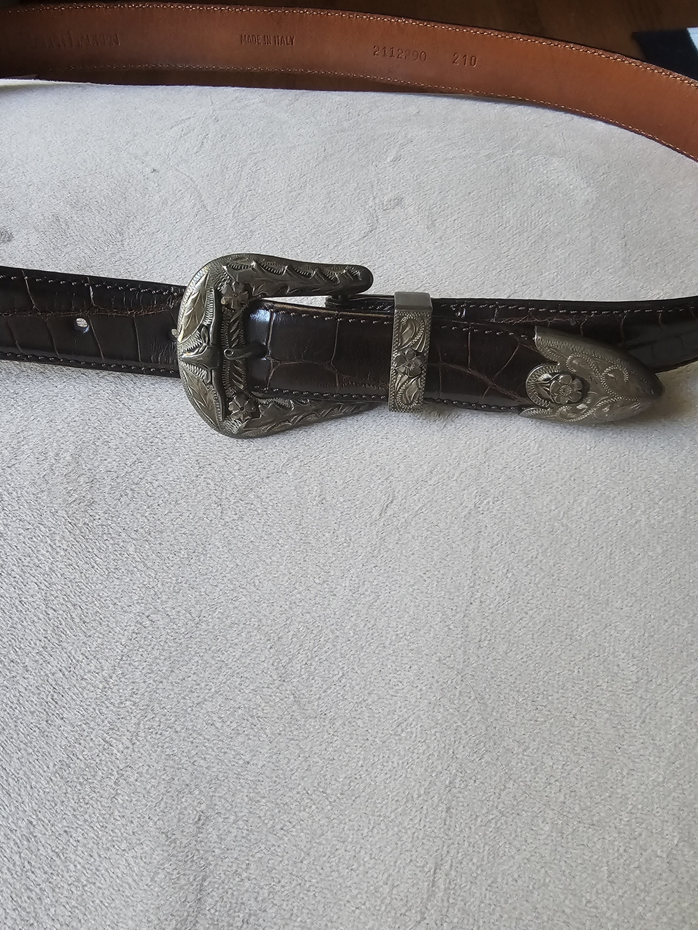 NWOT POLO Vintage ALLIGATOR COWBOY Brown Belt W/ Engraved Sterling Silver Buckle
